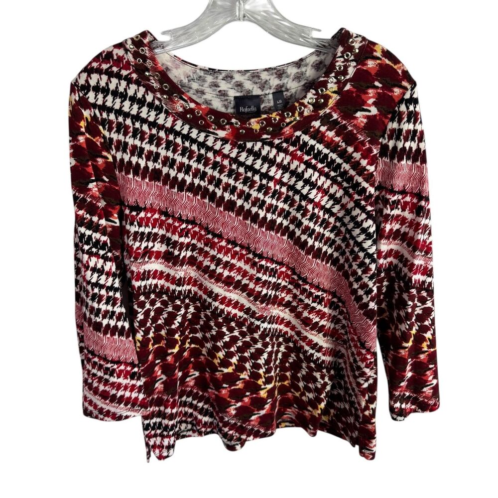 Rafaella Studio Womens Top Size Large Burgundy Print Grommet Neckline 3/4 Sleeve